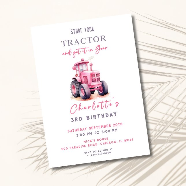 Editable Pink Tractor Birthday Invite (Creator Uploaded)