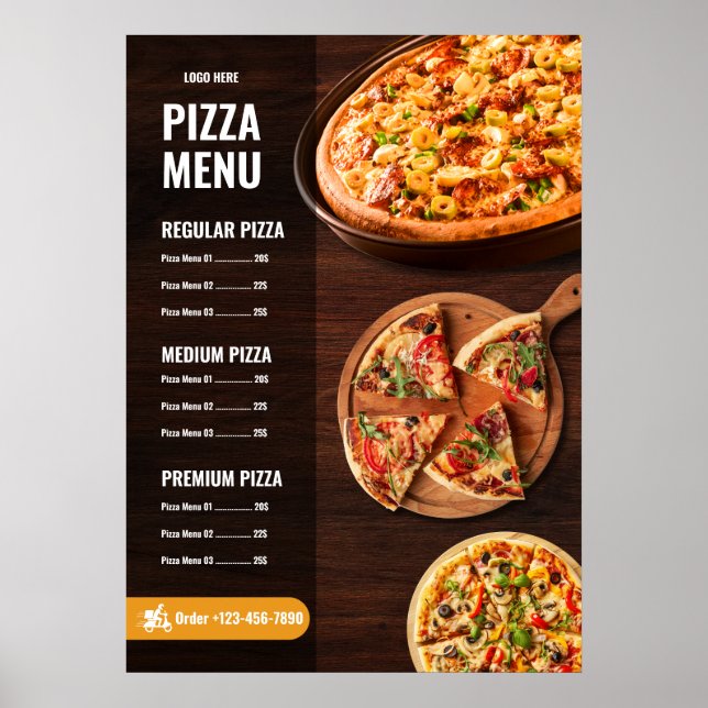 Editable Pizza Menu pizzeria Restaurant Menu Poster (Front)