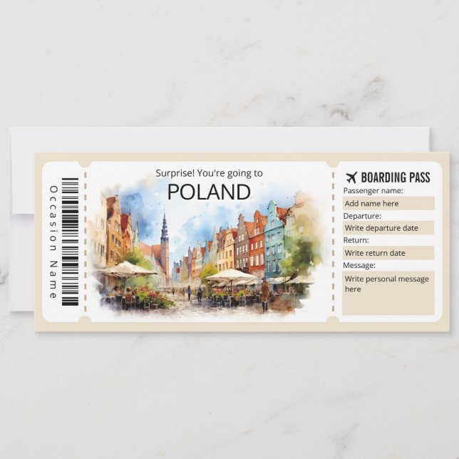 Editable Poland Plane ticket, Poland Trip Invitation (Front)