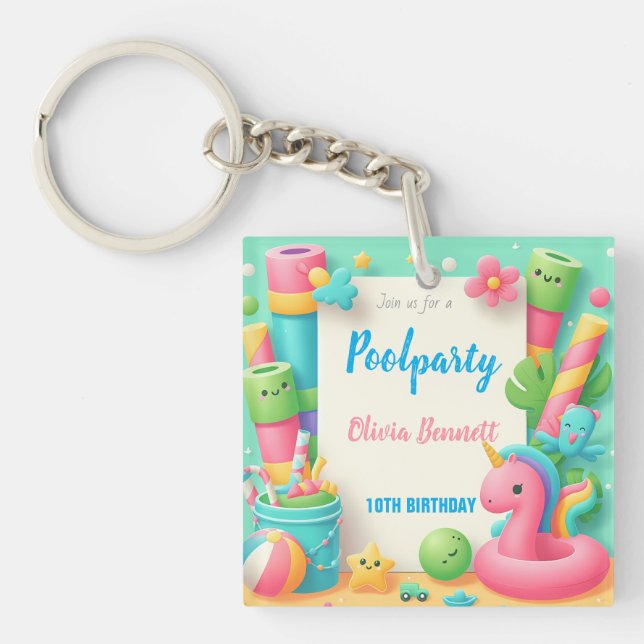 Editable Pool Party Birthday Summer Swim Key Ring (Front)