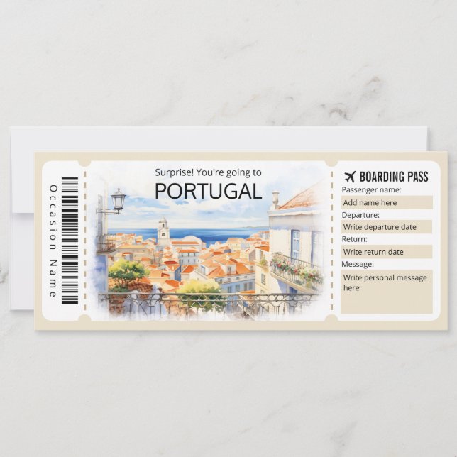 Editable Portugal Plane ticket, Portugal Trip Invitation (Front)