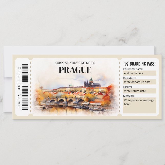 Editable Prague Boarding Pass Plane ticket Invitation (Front)