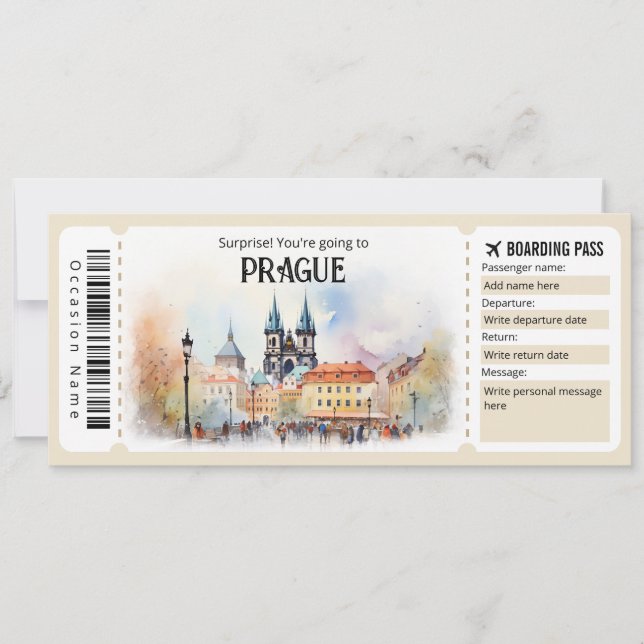 Editable Prague Plane ticket, Prague Trip Invitation (Front)
