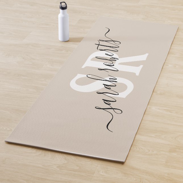 Editable professional monogram name beige  yoga mat (In Situ)