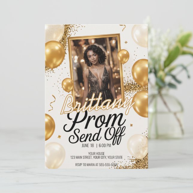Editable Prom Send Off Gold Sparkling Glitter Invitation (Standing Front)