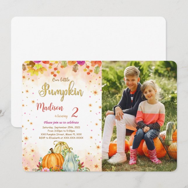Editable Pumpkin Birthday Photo Invitation (Front/Back)