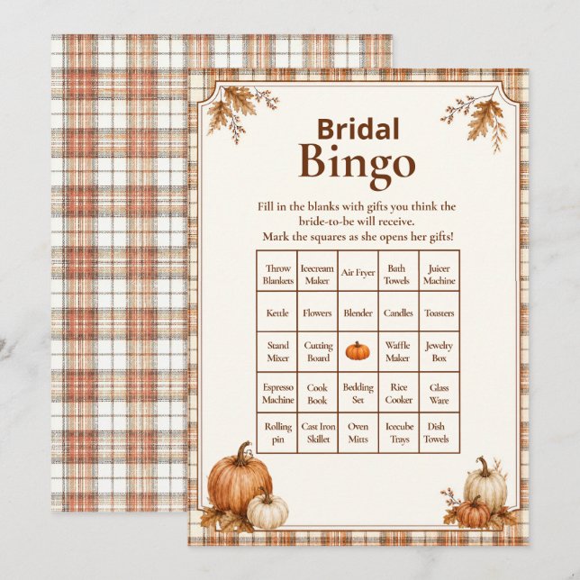 Editable Pumpkin Plaid Bridal Shower Bingo Game  (Front/Back)