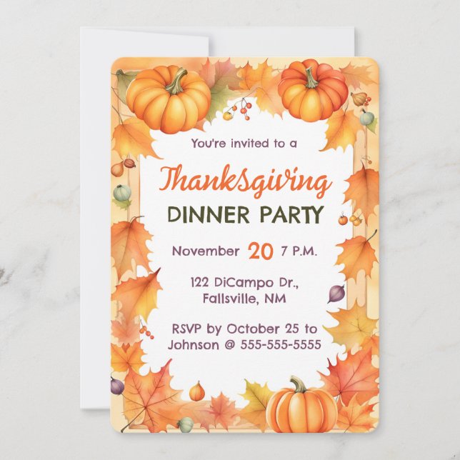 Editable Pumpkins and Autumn Leaves Thanksgiving Invitation (Front)