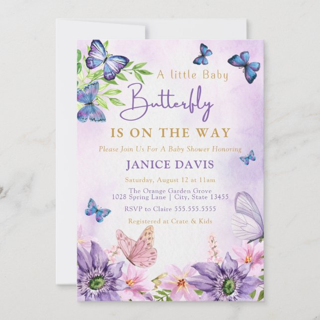 Editable Purple Butterfly Girl Baby Shower Invitation (Front)