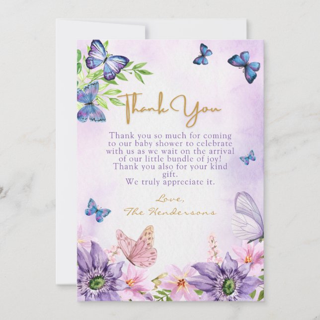 Editable Purple Butterfly Girl Baby Shower Thank You Card (Front)