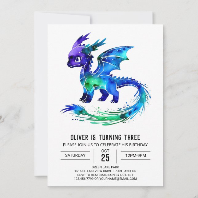 Editable Purple Dragon Digital Boy Birthday Invitation (Front)