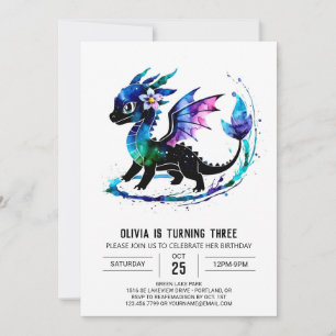 Editable Purple Dragon Digital Girl Birthday Invitation