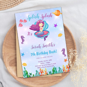 Editable Purple Shell Mermaid Birthday Invitation