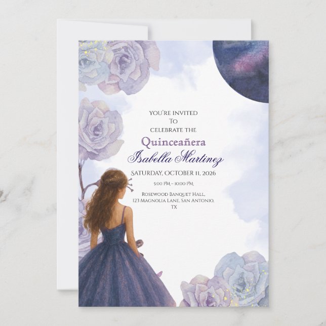 Editable Purple Watercolor Quinceañera Invitation (Front)