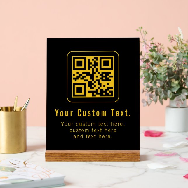 Editable QR Code & Text Template | Black & Gold Acrylic Sign (Wedding)