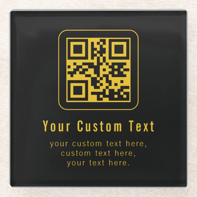 Editable QR Code & Text Template | Black & Gold Glass Coaster (Front)