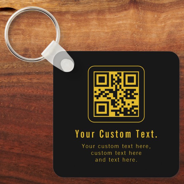 Editable QR Code & Text Template | Black & Gold Key Ring (Front)