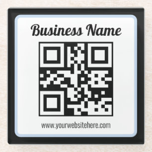Editable QR code & Text w/Light Blue Border Glass Coaster