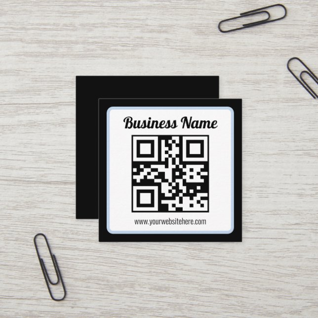 Editable QR code & Text w/Light Blue Border Square Business Card (Front/Back In Situ)