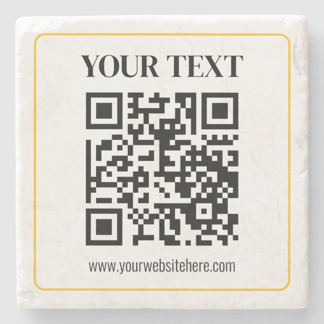 Editable QR code & Text w/Yellow Gold Border Stone Coaster (Front)