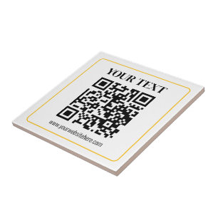 Editable QR code & Text w/Yellow Gold Border Tile