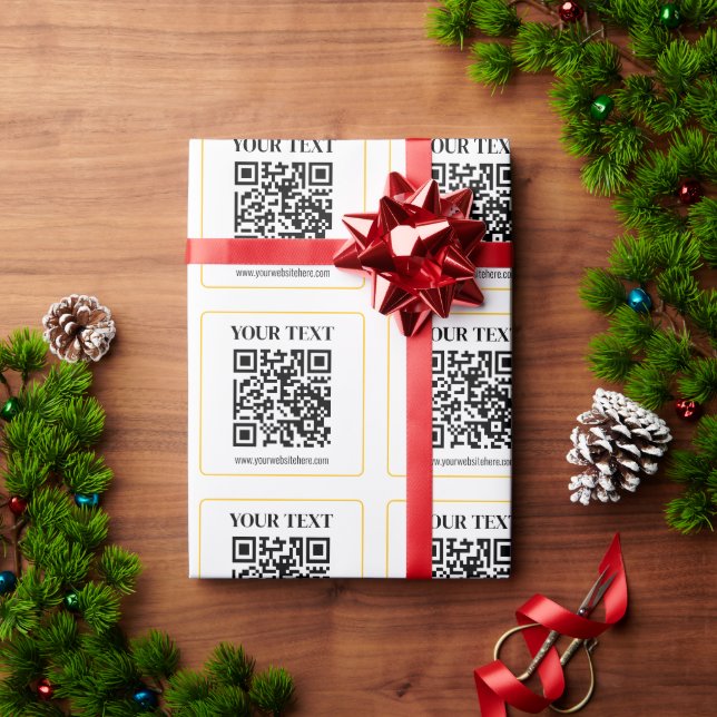 Editable QR code & Text w/Yellow Gold Border Wrapping Paper (Holiday Gift)