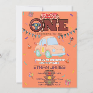 Editable Racing Boy 1st Birthday orange Invitation