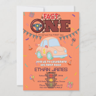 Editable Racing Boy 1st Birthday orange Invitation