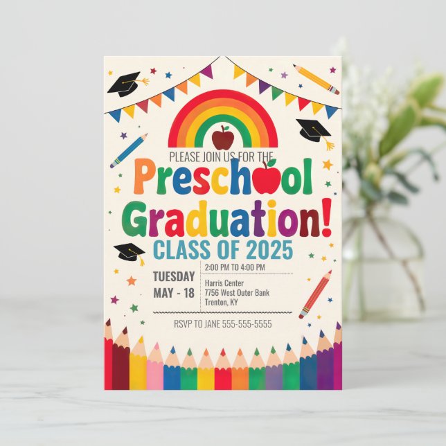 Editable Rainbow Bunting Flag Preschool Graduation Invitation (Standing Front)