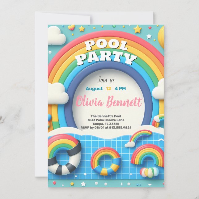 Editable Rainbow Pool Party Birthday Summer Swim Invitation (Front)