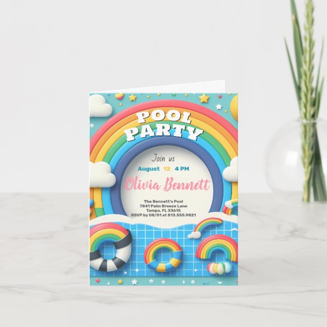 Editable Rainbow Pool Party Birthday Summer Swim Invitation (Front)