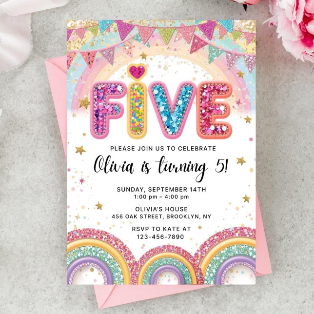 Editable Rainbow Sequin 5th Birthday Invitation (Creator Uploaded)