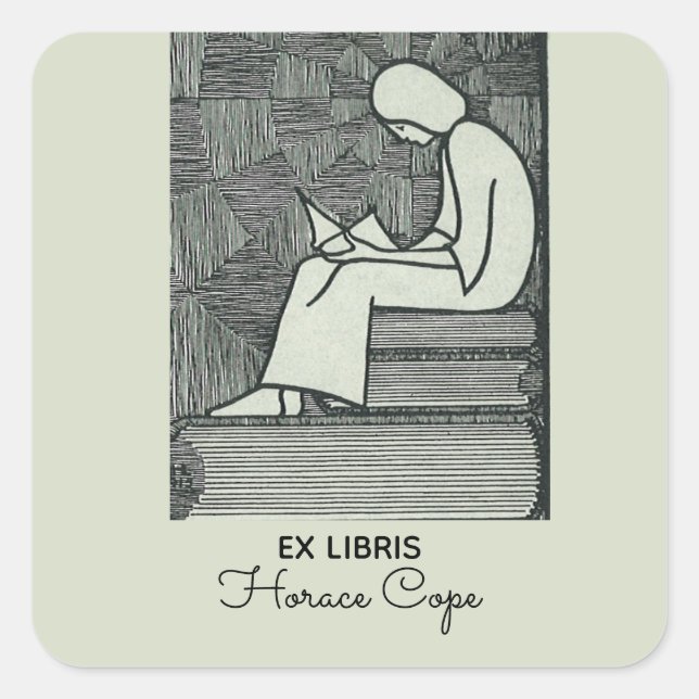 Editable Reading on a Stack of Books Bookplate Square Sticker (Front)