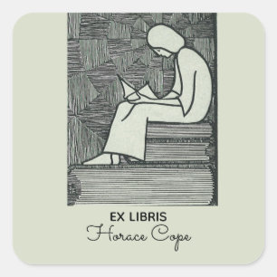 Editable Reading on a Stack of Books Bookplate Square Sticker