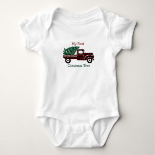 EDITABLE Red and Green Plaid Christmast Tree Truck Baby Bodysuit