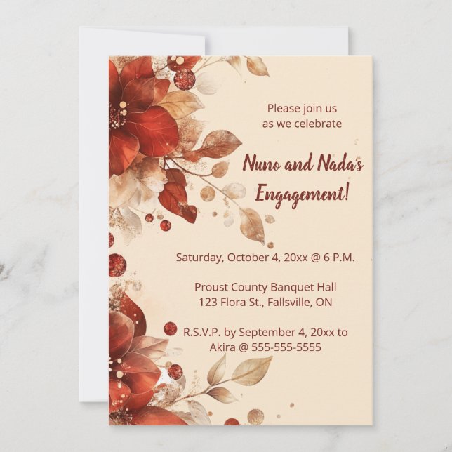 Editable Red Autumn Flowers Engagement Invitation (Front)