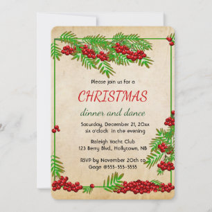 Editable Red Berries and Green Branches Christmas Invitation