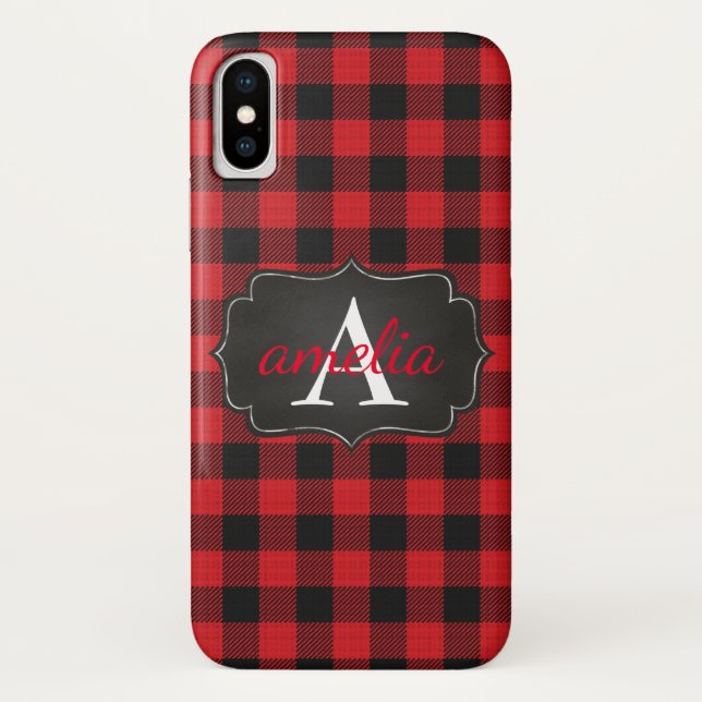 EDITABLE Red & Black  Buffalo Plaid Monogrammed Case-Mate iPhone Case (Back)