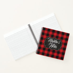 EDITABLE red & Black Buffalo Plaid Personalised Notebook
