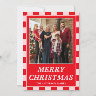 Editable Red Checkered Family Photo Christmas Holiday Card