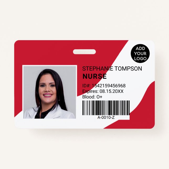 editable red professional nurse photo logo code ID badge (Front)