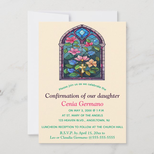 Editable Religious Church Stained Glass Flowers Invitation (Front)