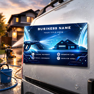 Editable Residential Pressure Washing Neon Tech Magnetic Business Card