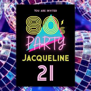 Editable Retro 80s Party Neon Pink 21st Birthday Invitation