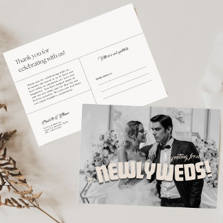 Editable Retro Newlywed Minimalist Photo Thank You Card