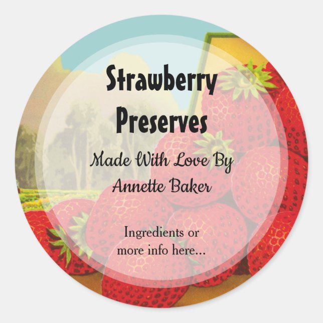 Editable Retro Strawberry Preserves Food Classic Round Sticker (Front)