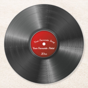 Editable Retro Vinyl Record With Red Centre Round Paper Coaster