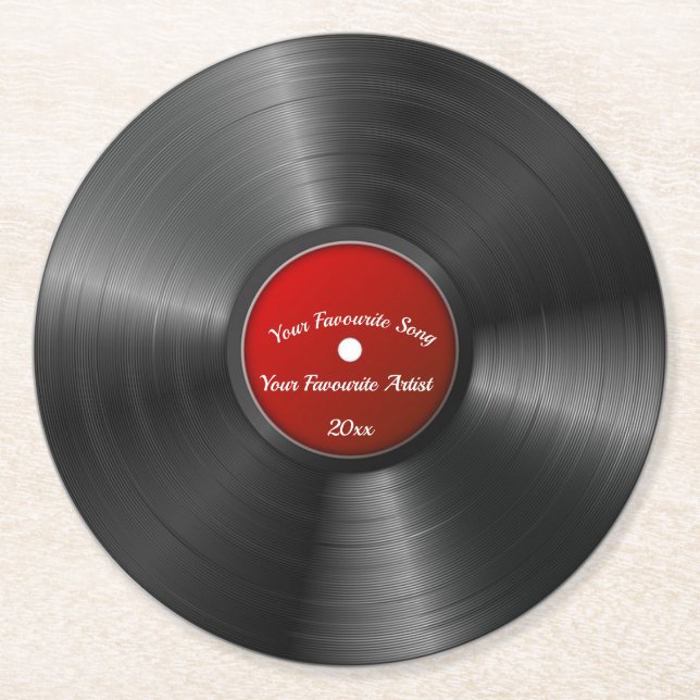 Editable Retro Vinyl Record With Red Centre Round Paper Coaster (Front)