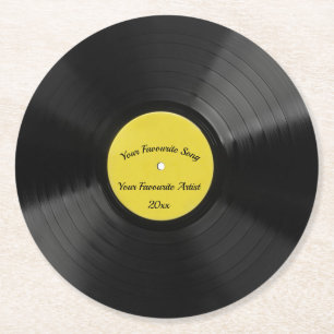 Editable Retro Vinyl Record With Yellow Centre Round Paper Coaster