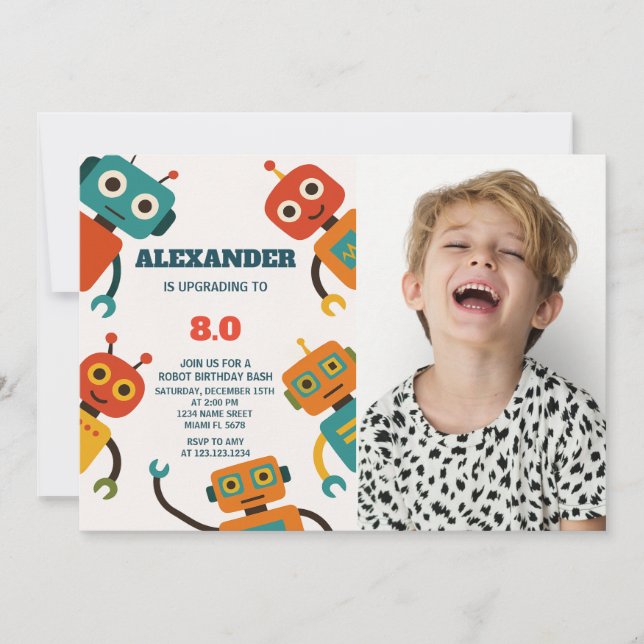 Editable Robot Birthday Invitation for Kids (Front)